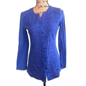 Womens Lace Trim Career Business Office Long Sleeve Button Up Blouse Blue Small